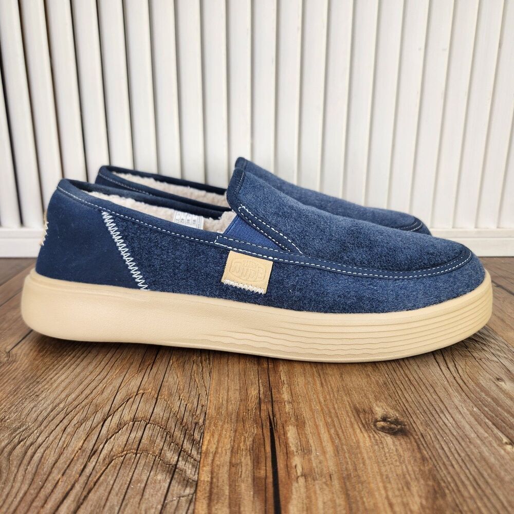 Hey Dude Sunapee M Warmth Navy Men's 9 Blue Slip On Faux Fur Lined Loafers Shoes